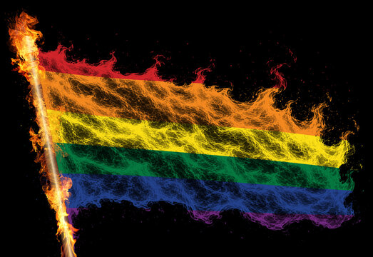3D illustration LGBTQ rainbow flag on a flame. Freedom and love concept. Activism, community and freedom concept.