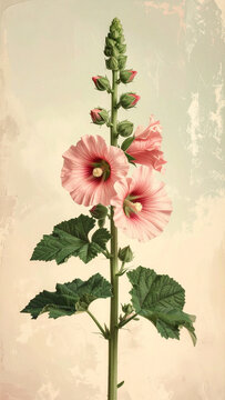 Hollyhock stalk with blossoms at full height in rich vintage chromolithograph plate generative AI