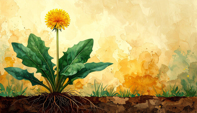 Whole dandelion plant with leaves flower and root in educational foraging botanical illustration generative AI
