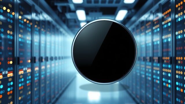 Server room interior. Rows servers illuminated. Central dark circle dominates view. Technology infrastructure visible. Modern data center concept.