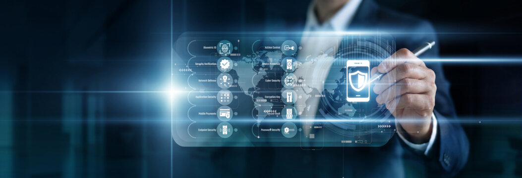 Mobile Security point: Specialist analyzing device threats on a virtual screen. Detecting malware signatures, encrypting mobile communication, and securing endpoint vulnerabilities in real-time.