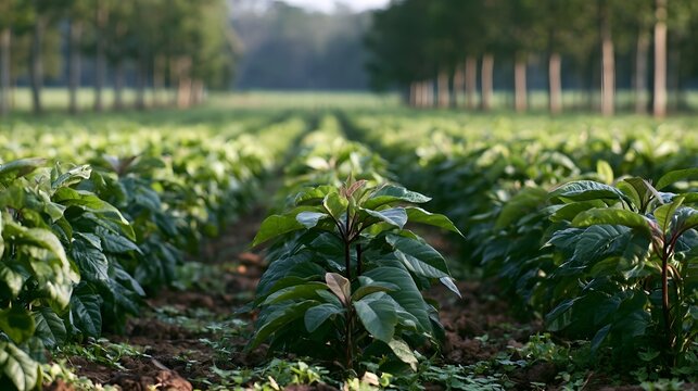 Rows of lush green plants stretch into the distance under soft natural light with trees lining the background