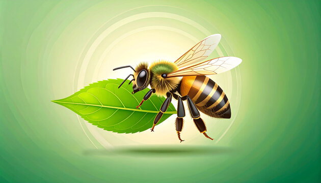 Leafcutter bee carrying green leaf piece in clean vector botanical infographic illustration generative AI