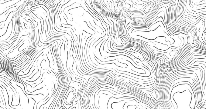 Detailed Grayscale Contour Map, Winding River and Valley Terrain with Layered Topographic Lines, Elevation Patterns, Natural Landforms and Geographic Background Design.