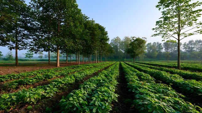 Rows of green crops stretch under tall trees in a bright  open agricultural field with clear blue sky overhead