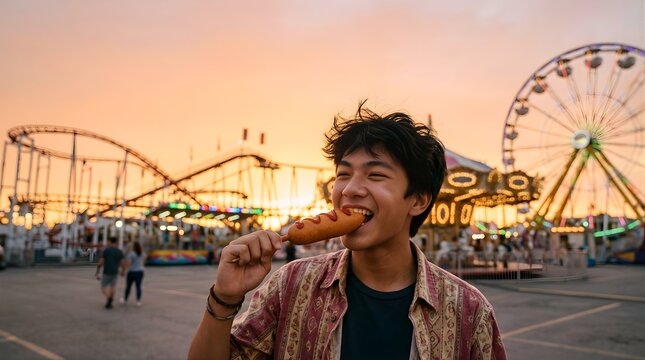 Happy young man eating a corn dog at a funfair during sunset