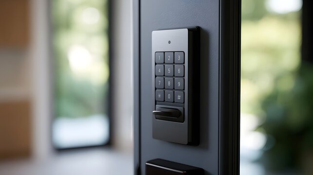 A modern digital keypad lock mounted on a dark door with blurred greenery visible through in the background