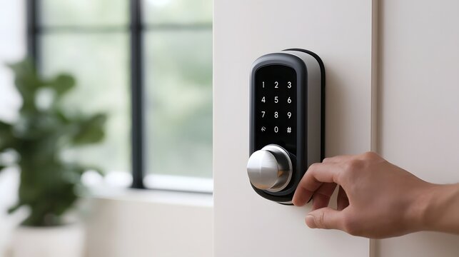 A hand interacts with a modern digital keypad lock mounted on a white door  with soft natural light from a window in the background