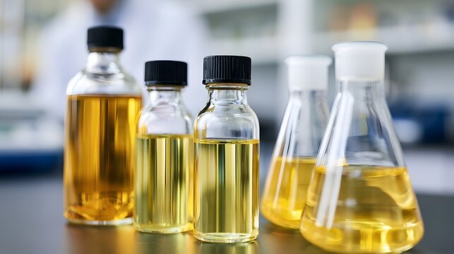 Several glass containers holding golden liquid arranged on a lab bench with blurred background