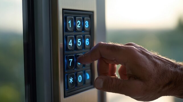 Hand pressing numbers on illuminated elevator keypad
