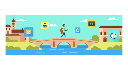 Fototapeta premium Digital Nomad Using VR Headset and Laptop While Walking on a Bridge with App Icons Illustration