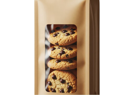 Chocolate chip cookies in a brown paper snack bag isolated on transparent background