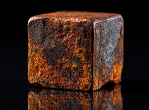 Heavily rusted metal cube with orange and black oxidation patterns on a reflective surface