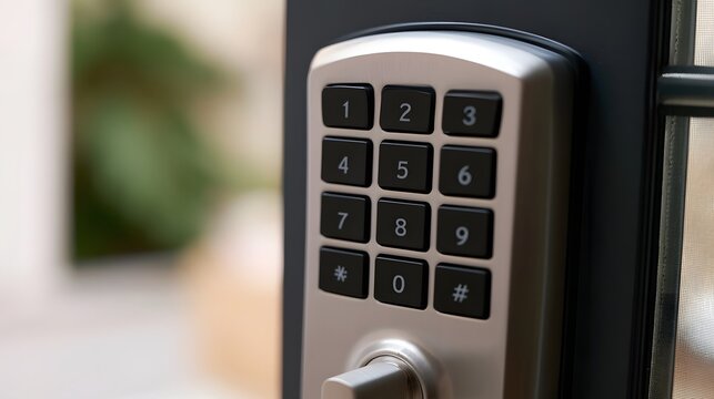 Close up of a modern digital door lock keypad with brushed metal finish and black buttons mounted on a dark door frame