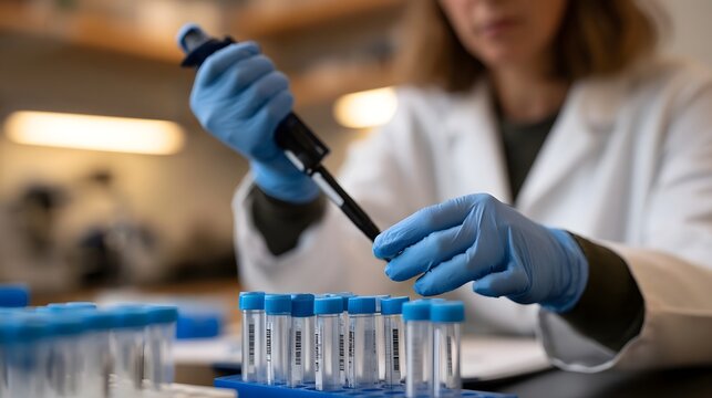 A researcher in a lab coat and blue gloves uses a pipette to handle cryotubes arranged in a blue rack