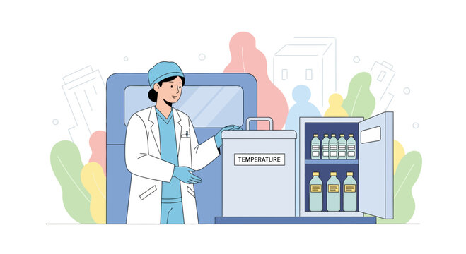 Scientist with vaccine cooler and storage unit, healthcare concept.