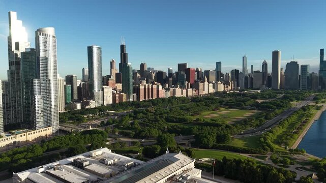 Chicago USA, Drone Shot of Condominiums by Grant Park and Downtown Skyscrapers and Towers