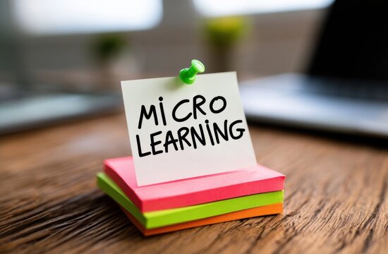 Micro learning note pinned on colorful sticky pads on a wooden desk