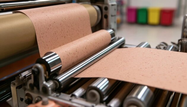 Paper converting machine processing large brown roll in industrial setting