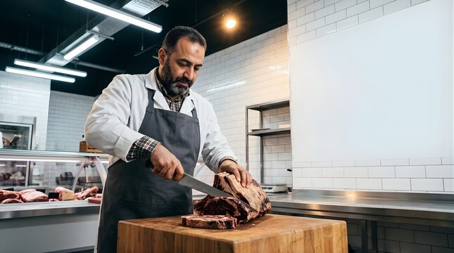 Professional butcher cutting raw beef steak on wooden board in shop
