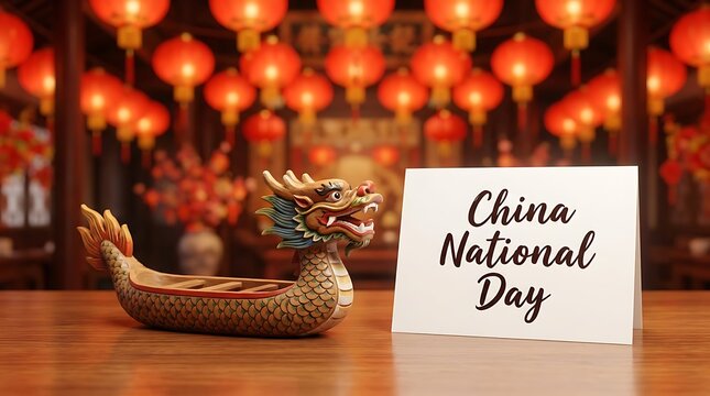 China national day greeting card with dragon figurine and red lanterns