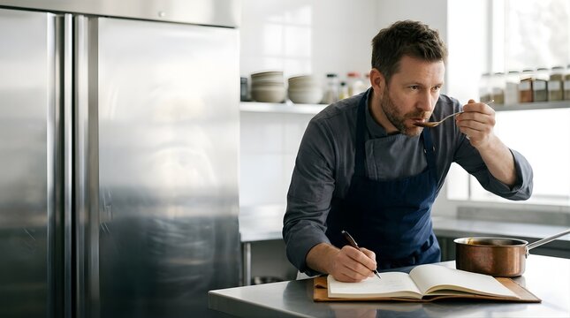 Professional chef tasting food and writing in recipe notebook in kitchen