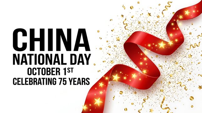 China national day 75 years celebration with red ribbon and gold confetti