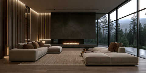 Naklejka premium Modern living room with large windows beige sofa wooden wall fireplace forest view cozy atmosphere minimalist style soft lighting