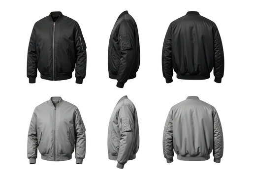 Set of black and grey bomber jackets from front and back view isolated on transparent background