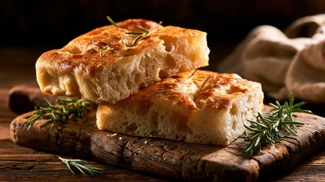 Freshly baked golden brown focaccia bread with rosemary herb on rustic wooden board and dark background, close up texture detail of homemade Italian bread