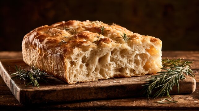 Freshly baked focaccia bread with golden crust and airy texture resting on wooden board with sprigs of rosemary in rustic setting close-up food photography