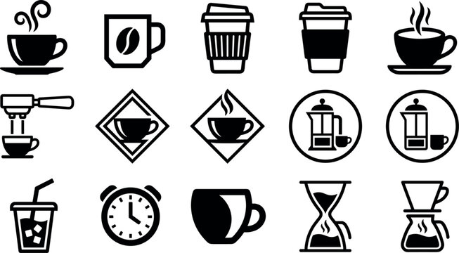 Coffee Shop and Brewing Icon Set Featuring Espresso Portafilter French Press Pour Over Chemex Iced Coffee and Takeaway Mugs for Cafe Branding