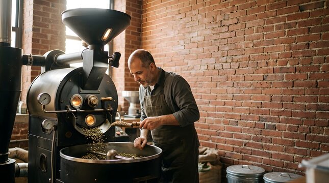 Professional roaster pouring green coffee beans into a roasting machine