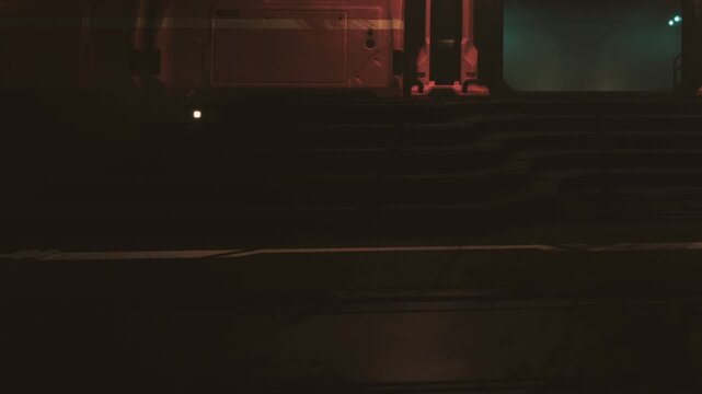The scene shows a street with low visibility at night. Bright lights illuminate parts of the surroundings. There are people walking on the street.