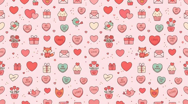 Valentine seamless pattern with cute hearts and animals, pink romantic background for gift wrapping, kawaii love icons wallpaper