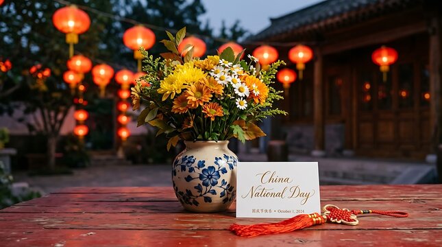 Mid autumn festival flower vase and greeting card on wooden table outdoors