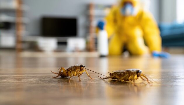 Two large cockroaches crawling on a wooden floor in a living room with a blurred pest control worker in the