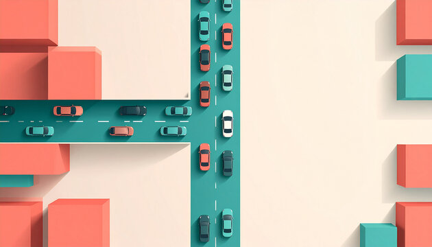Long line of cars funnelling into narrow gap between blocks in flat vector overhead illustration generative AI