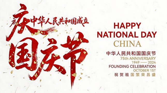 Happy national day china greeting card with red calligraphy on white background