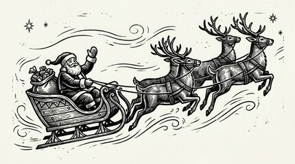 Naklejka premium A captivating vintage illustration depicts santa claus joyfully soaring through the night sky in his sleigh pulled by a team of magnificent reindeer spreading
