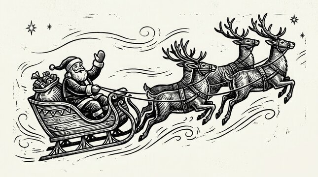 A captivating vintage illustration depicts santa claus joyfully soaring through the night sky in his sleigh pulled by a team of magnificent reindeer spreading
