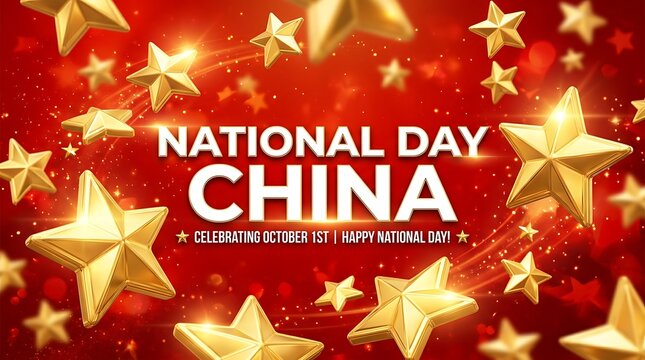 National day china greeting card design with golden stars on red background