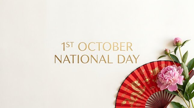 First of october national day background with traditional red fan and pink peony