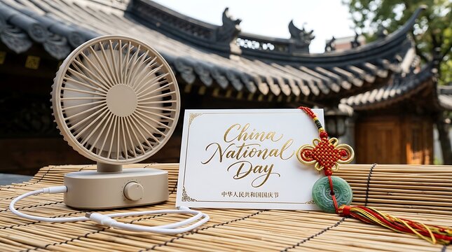 Chinese national day greeting card with portable electric fan and traditional