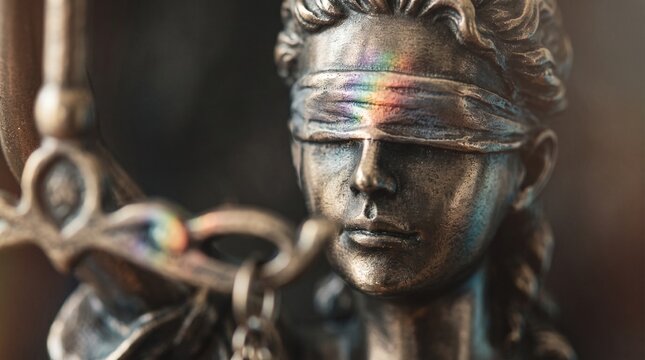 Rainbow Light on Lady Justice Symbolizing LGBTQ Equality and Impartial Justice