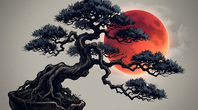 Minimalist bonsai tree silhouette set against vibrant red full moon background representing serenity and zen harmony in traditional Japanese artistic style digital illustration for peaceful decor