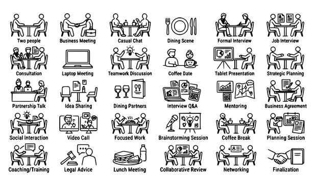 Two People at Table Meeting Conversation Editable Stroke EPS 10 Vector Icon Set