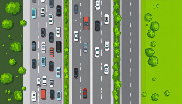Split scene with chaotic grey traffic jam left and freely flowing green road right generative AI