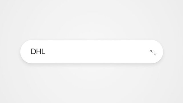 Typing DHL into an internet search bar on a computer screen, illustrating online search, courier services, parcel delivery and web browsing