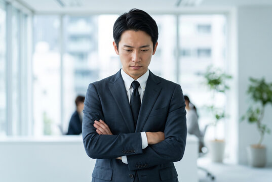 オフィスで腕を組み悩むビジネスマン